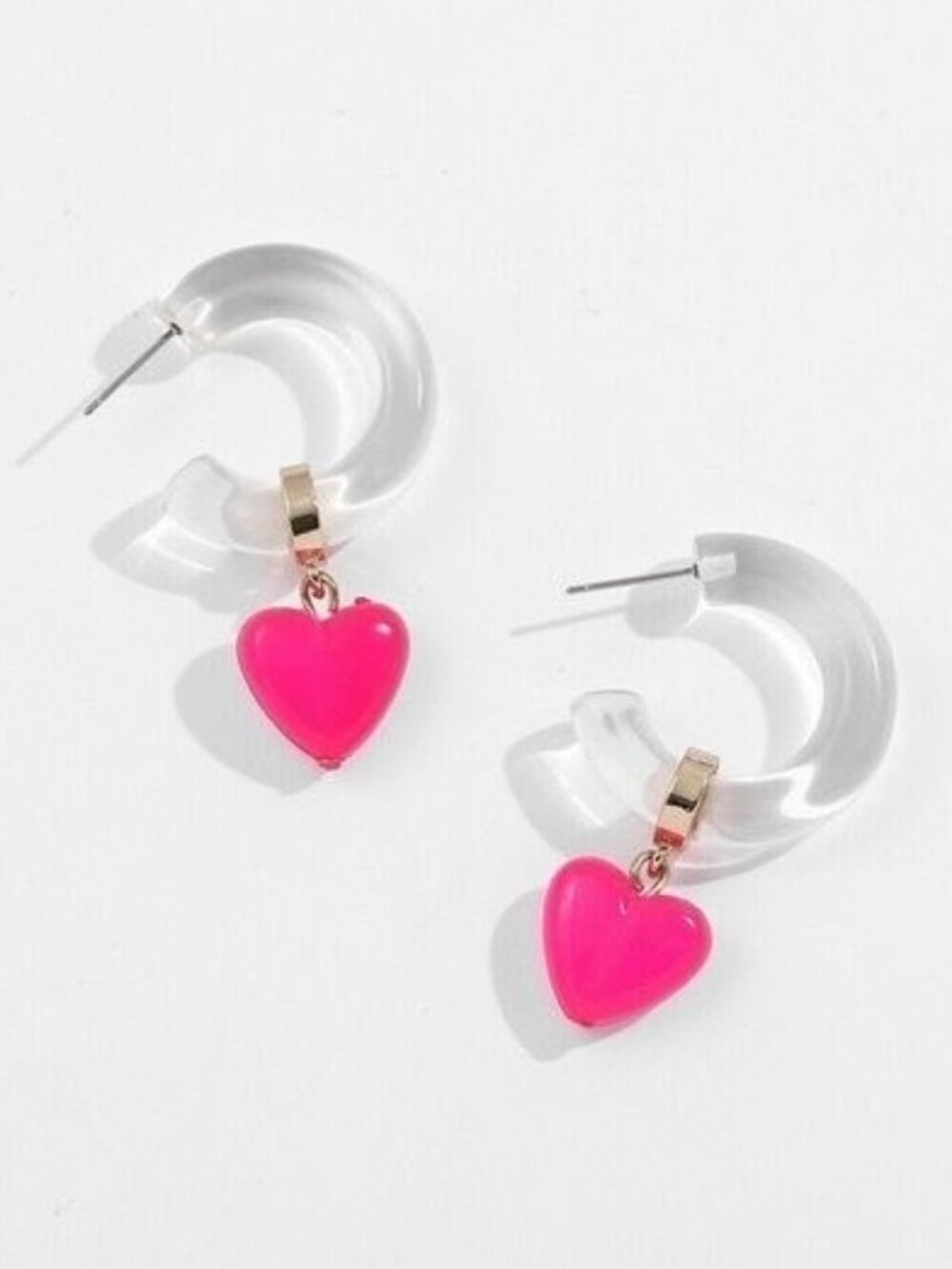 Pink Acrylic Floating Heart Round Drop Earrings